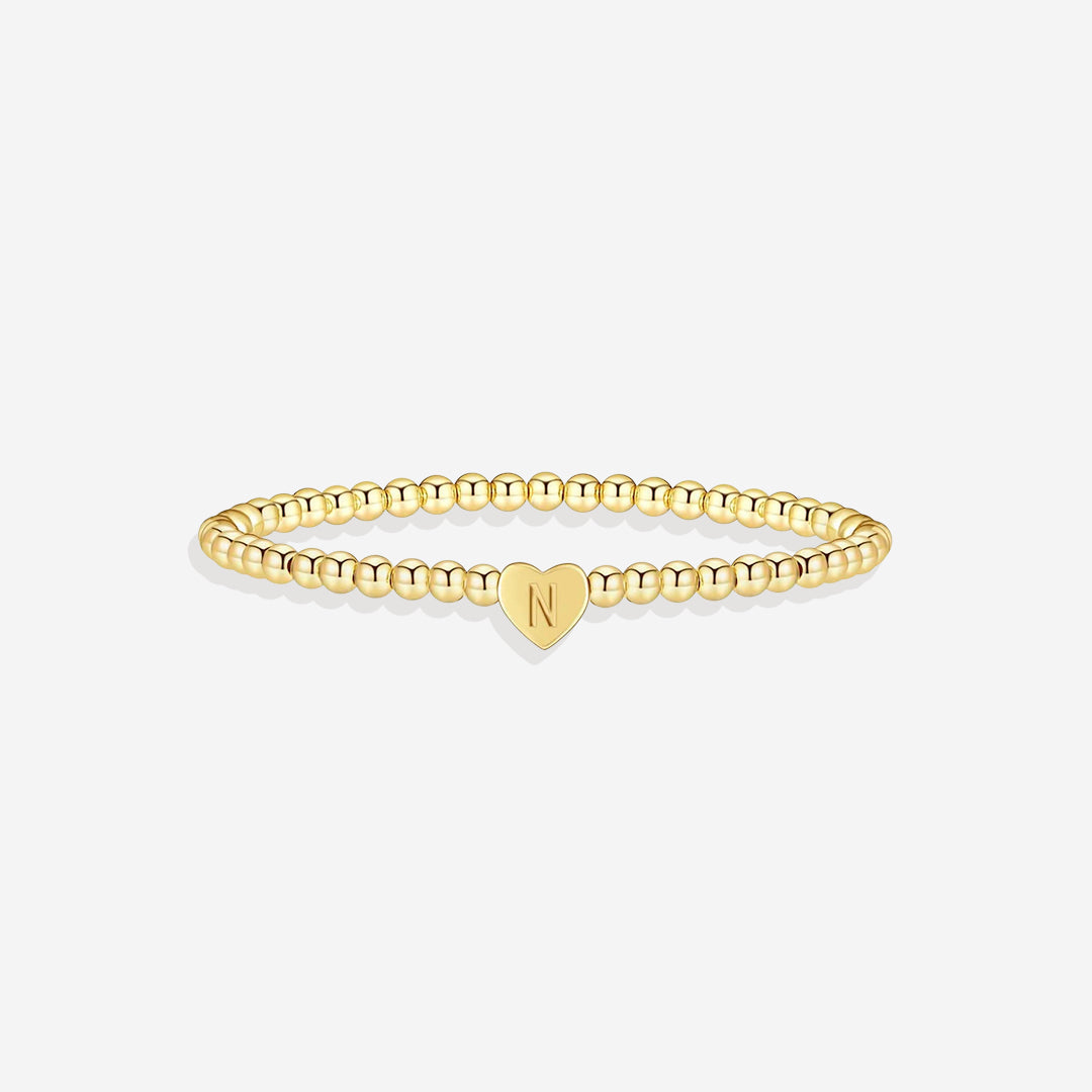 Gold Beaded Bracelet with Heart Initial in gold, N by Seeyoura