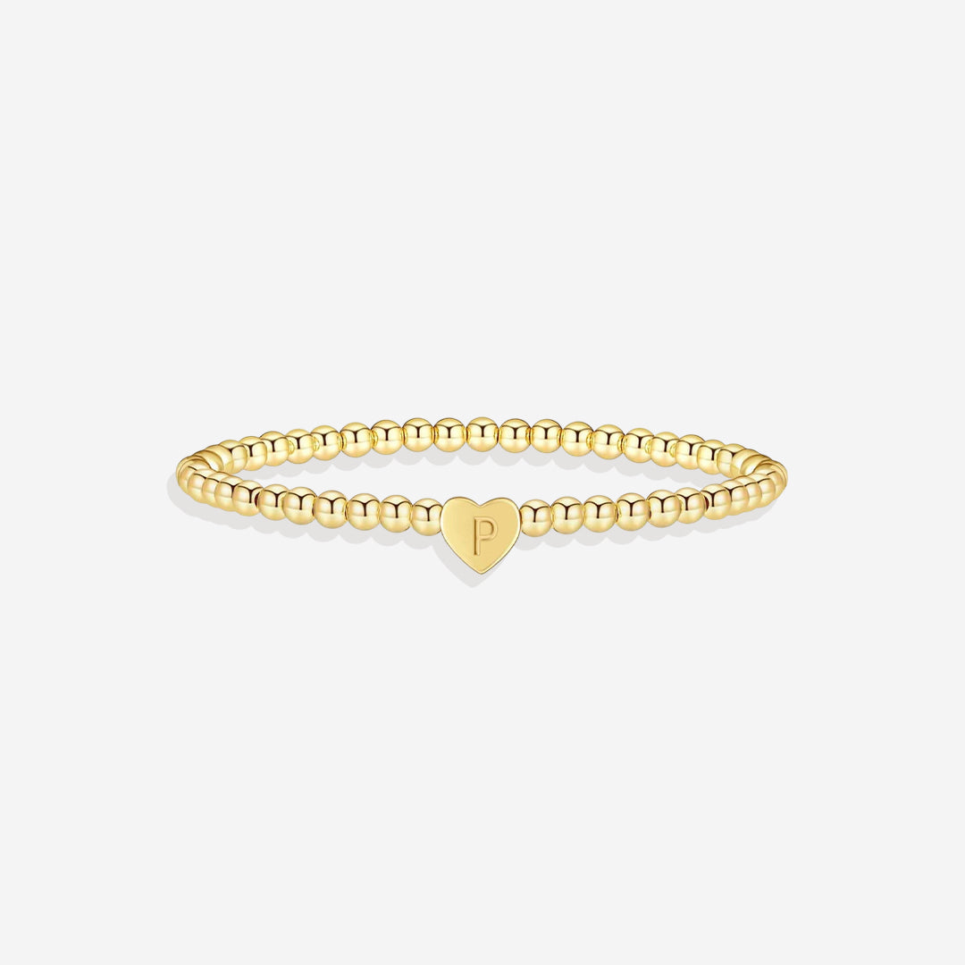 Gold Beaded Bracelet with Heart Initial in gold, P by Seeyoura