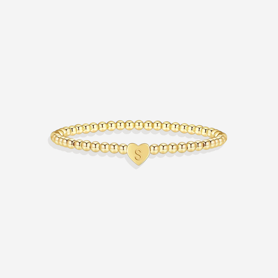 Gold Beaded Bracelet with Heart Initial in gold, S by Seeyoura