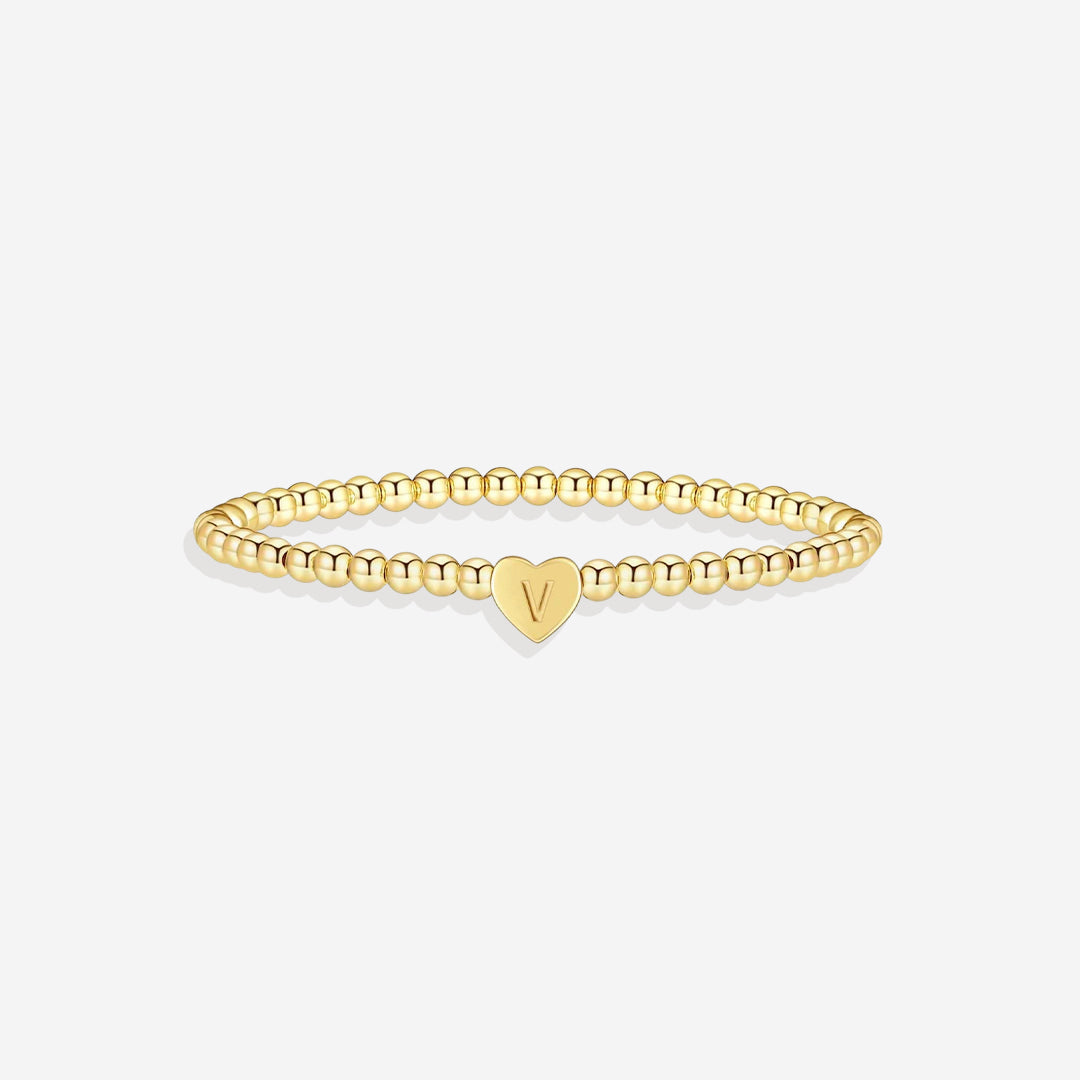 Gold Beaded Bracelet with Heart Initial in gold, V by Seeyoura