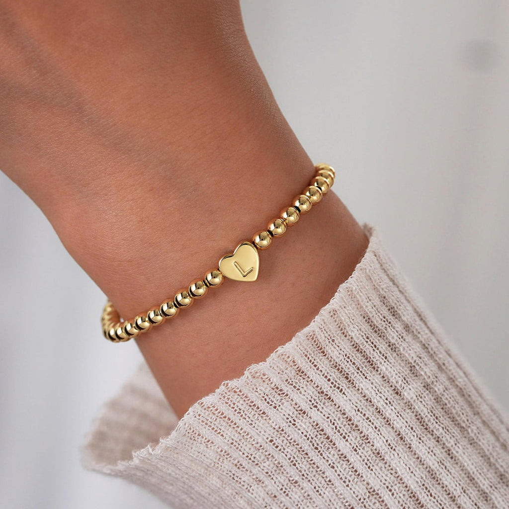 Gold Beaded Bracelet with Heart Initial by Seeyoura