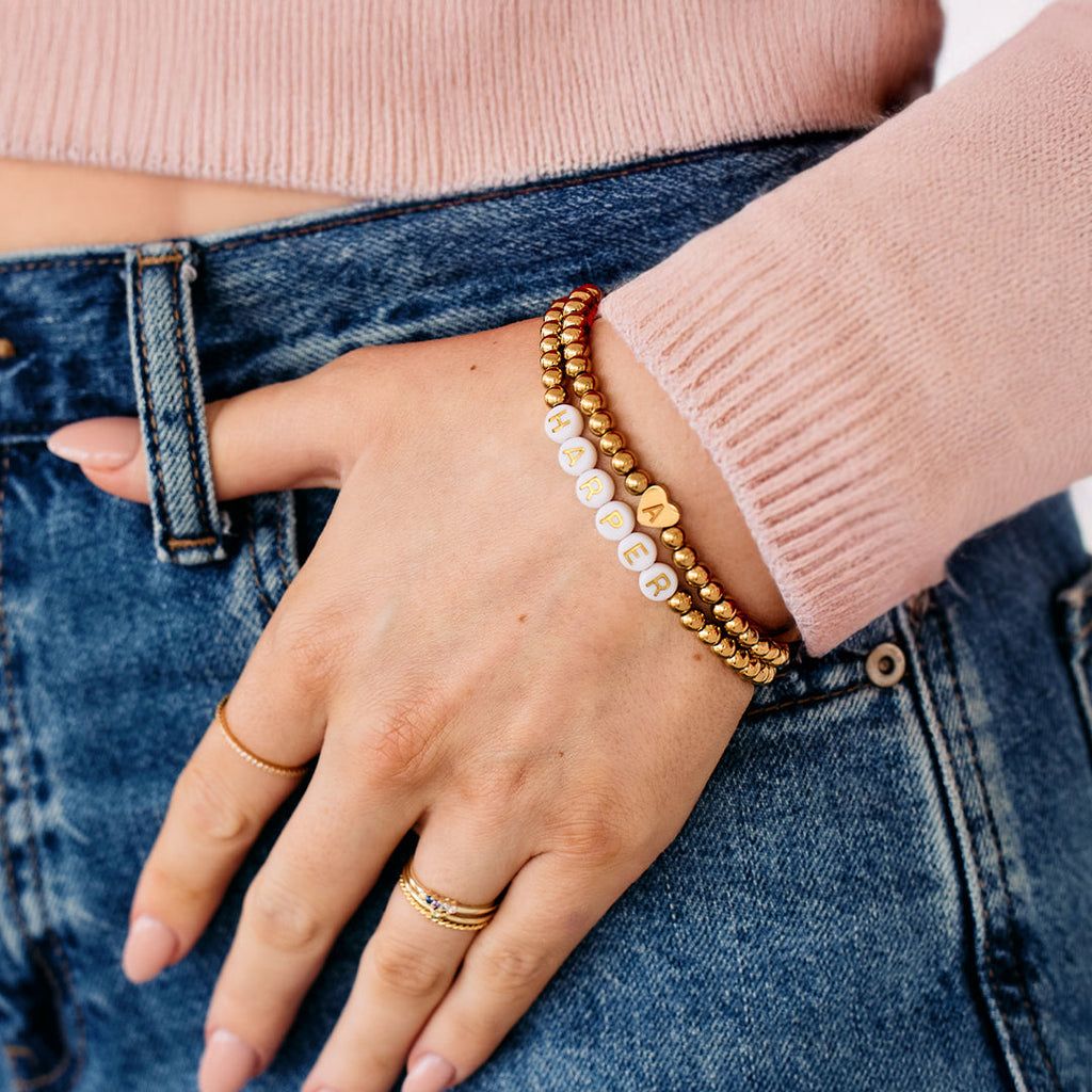 Gold Beaded Bracelet with Heart Initial by Seeyoura