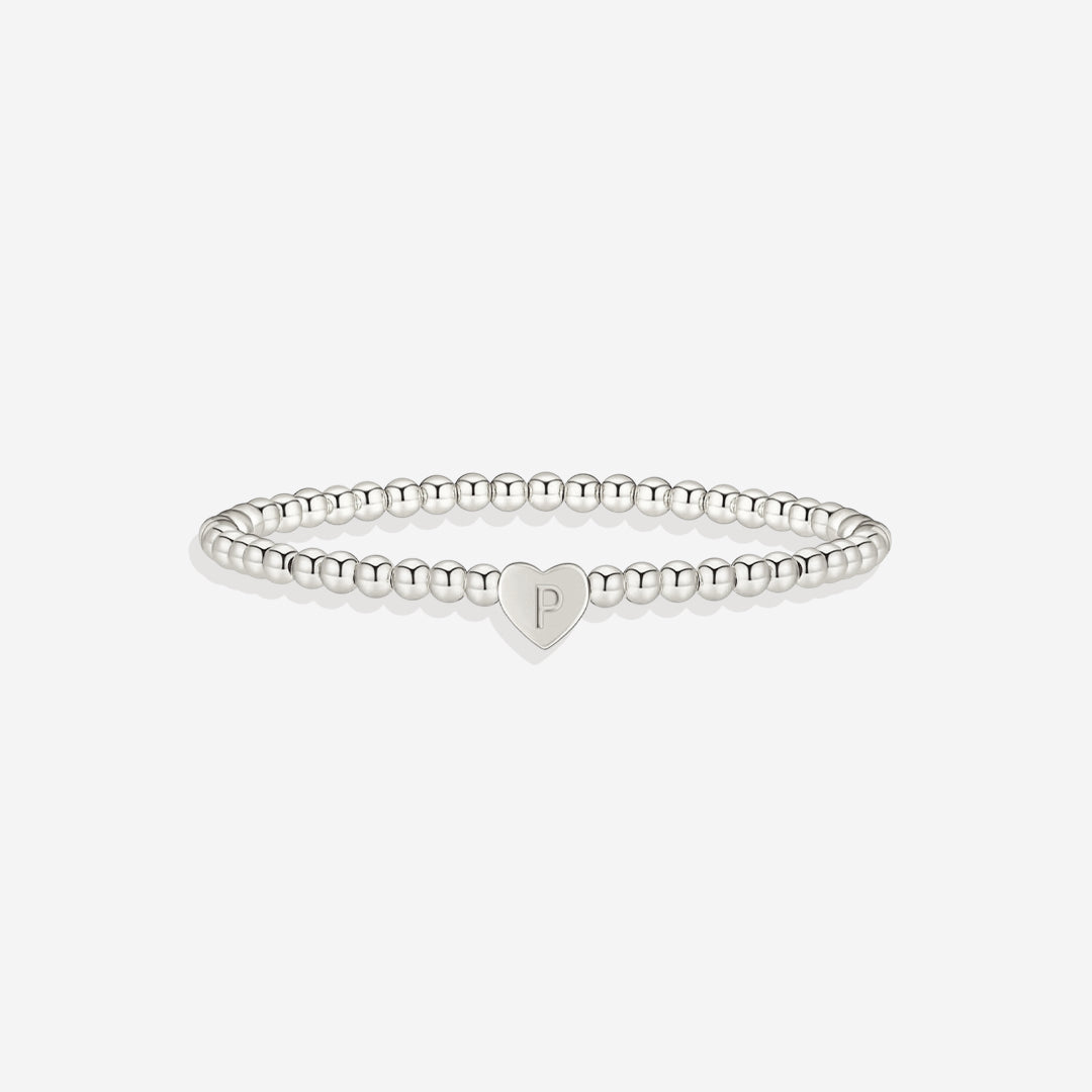 Gold Beaded Bracelet with Heart Initial in silver, P by Seeyoura