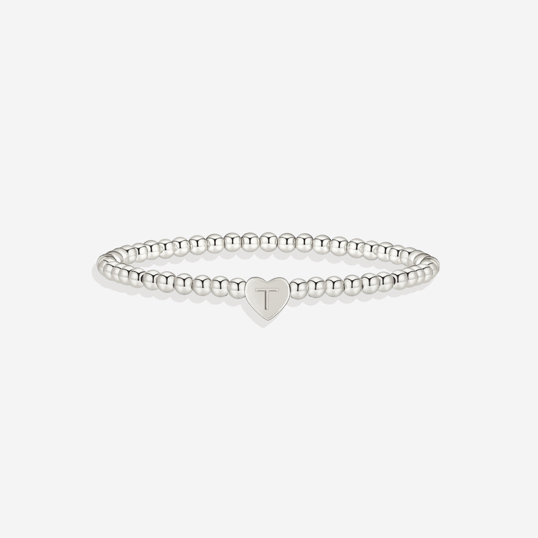 Gold Beaded Bracelet with Heart Initial in silver, T by Seeyoura