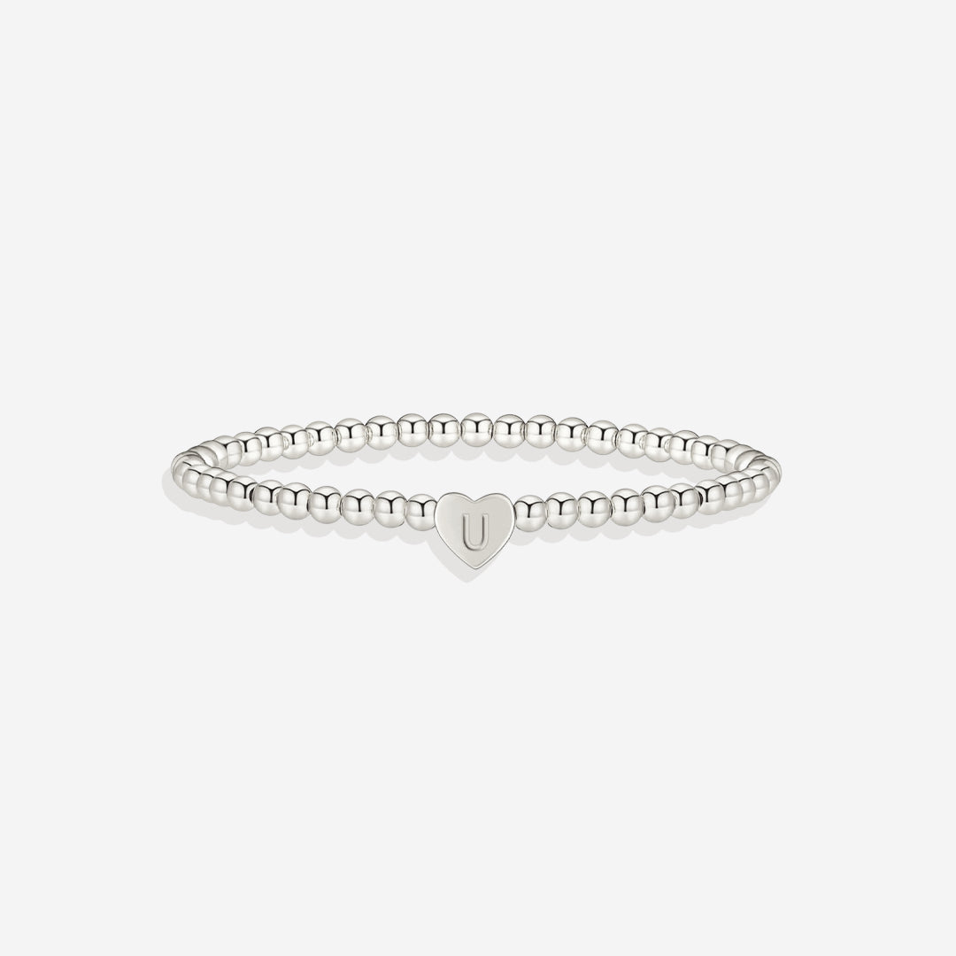 Gold Beaded Bracelet with Heart Initial in silver, U by Seeyoura