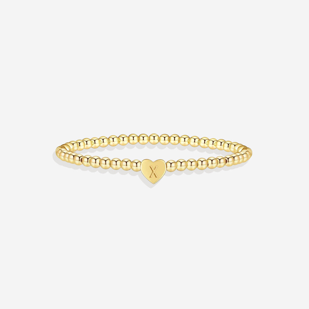 Gold Beaded Bracelet with Heart Initial in X by Seeyoura