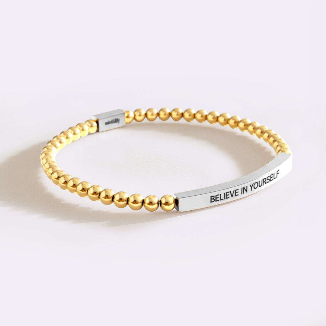Believe in Yourself Beaded Inspire Bracelet in silver-plate-with-gold-beads by Seeyoura