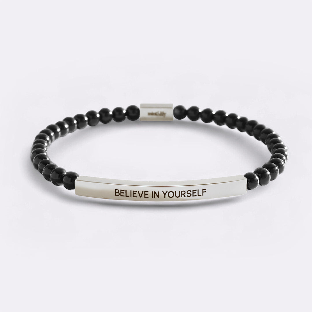 Believe in Yourself Beaded Inspire Bracelet in silver-plate-with-onyx-beads by Seeyoura