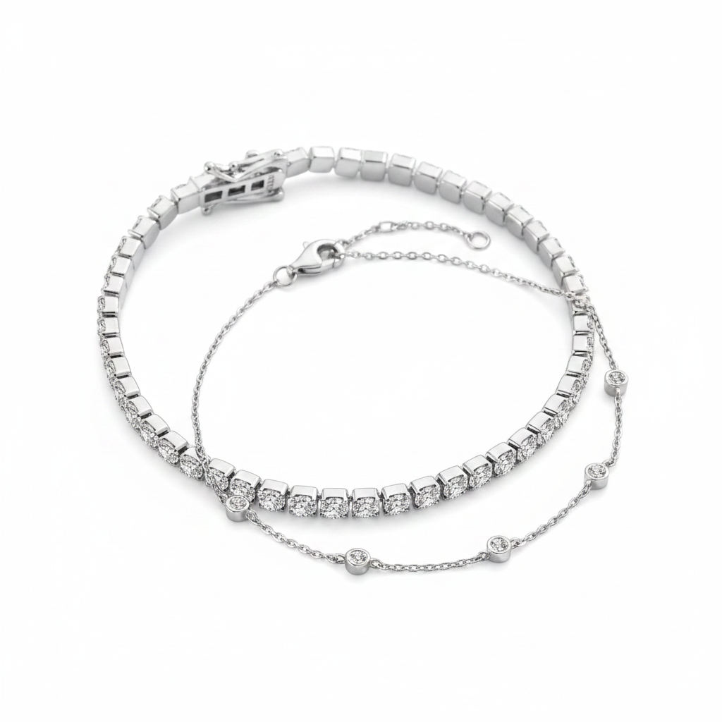 Bezel Set Bracelet and Tennis Bracelet Bundle in silver, 7 by Seeyoura