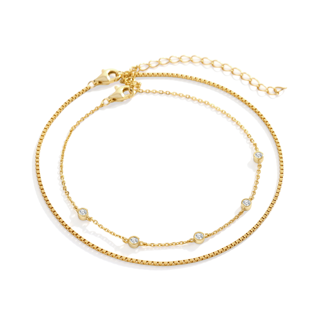 Bezel Set Diamond Bracelet and Box Chain Bracelet Stacking Set in gold by Seeyoura