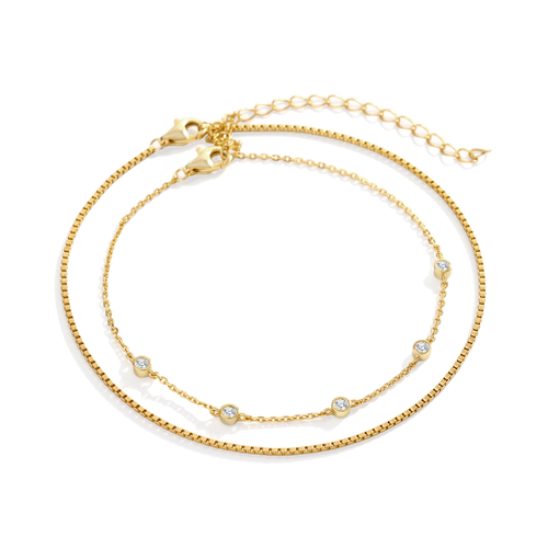 Bezel Set Diamond Bracelet and Box Chain Bracelet Stacking Set in gold by Seeyoura