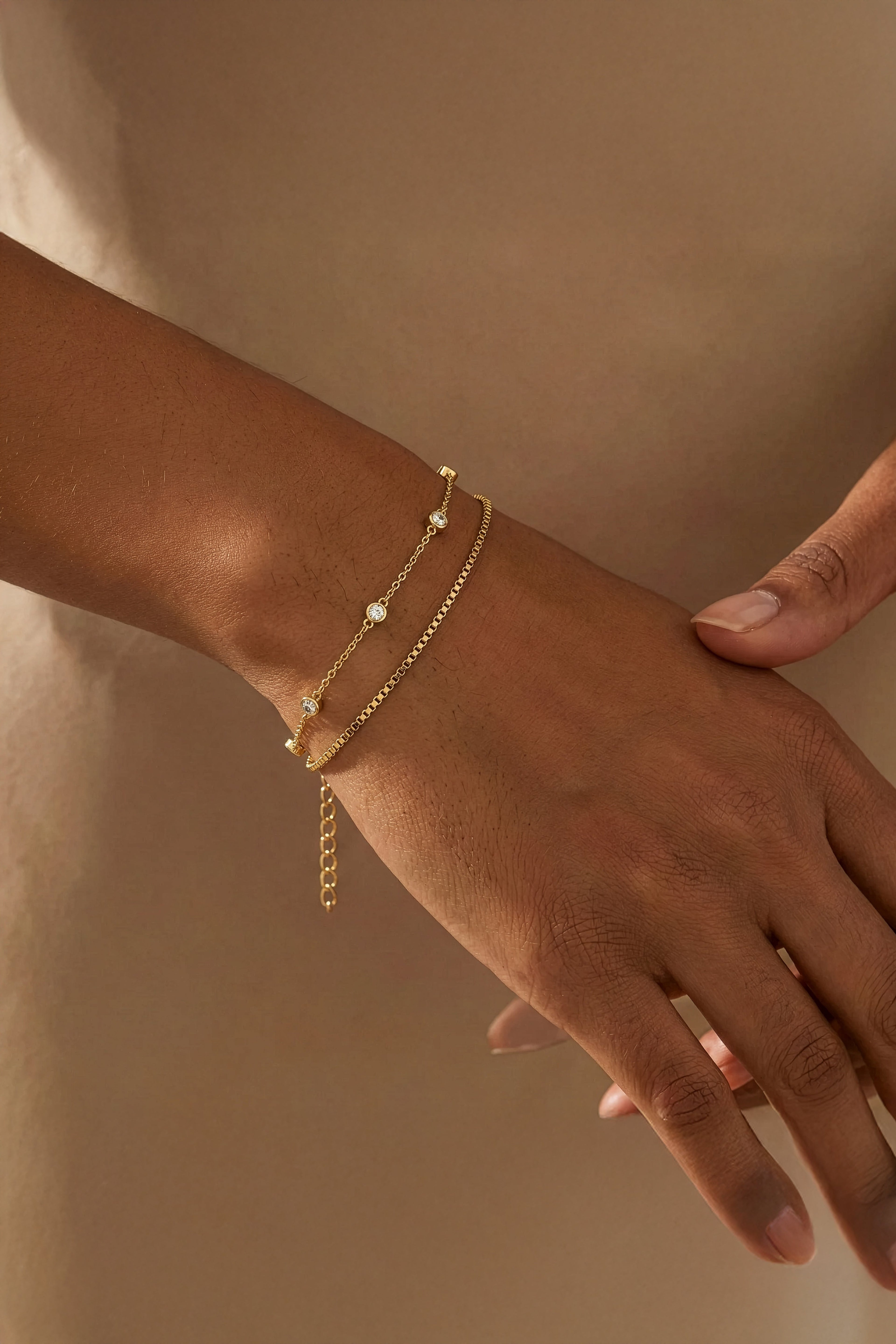 Bezel Set Diamond Bracelet and Box Chain Bracelet Stacking Set by Seeyoura