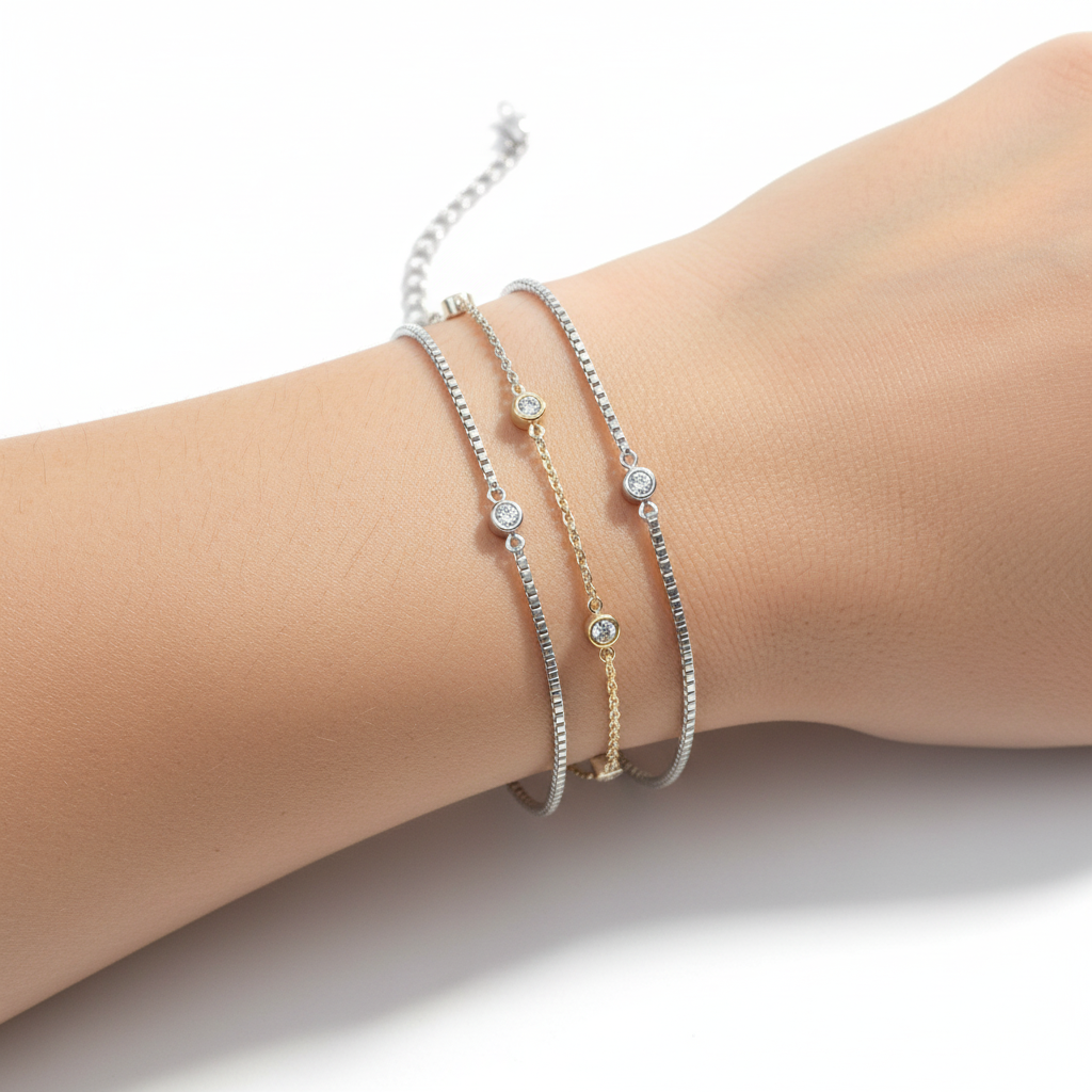 Bezel Set Diamond Bracelet and Box Chain Bracelet Stacking Set by Seeyoura