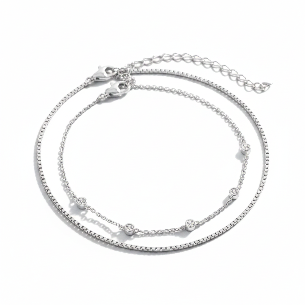 Bezel Set Diamond Bracelet and Box Chain Bracelet Stacking Set in silver by Seeyoura