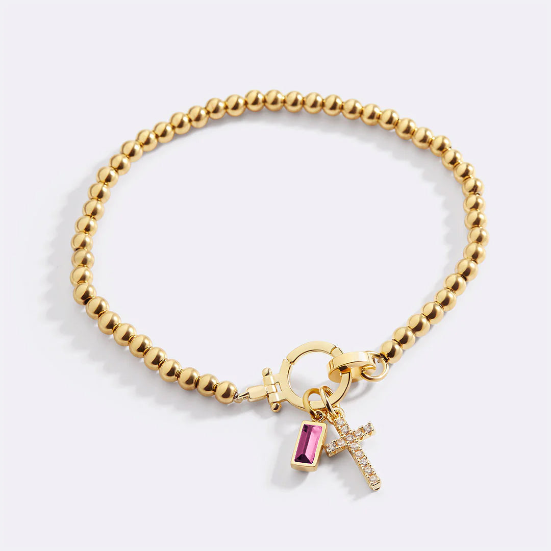 Cross Charm Birthstone Bracelet in pink-tourmaline-october by Seeyoura