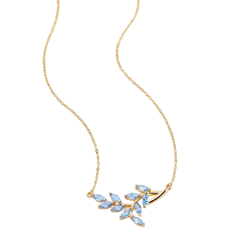 Birthstone Leaf Pendant Necklace in march-aquamarine by Seeyoura