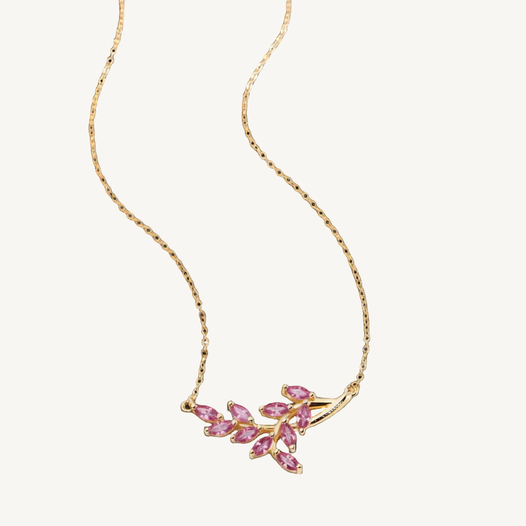Birthstone Leaf Pendant Necklace in pink-tourmaline-october by Seeyoura