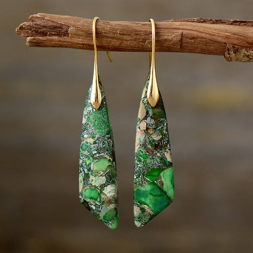 Bohemian Green Stone Drop Earrings — Gold in Green Gold, 1 pair by Seeyoura
