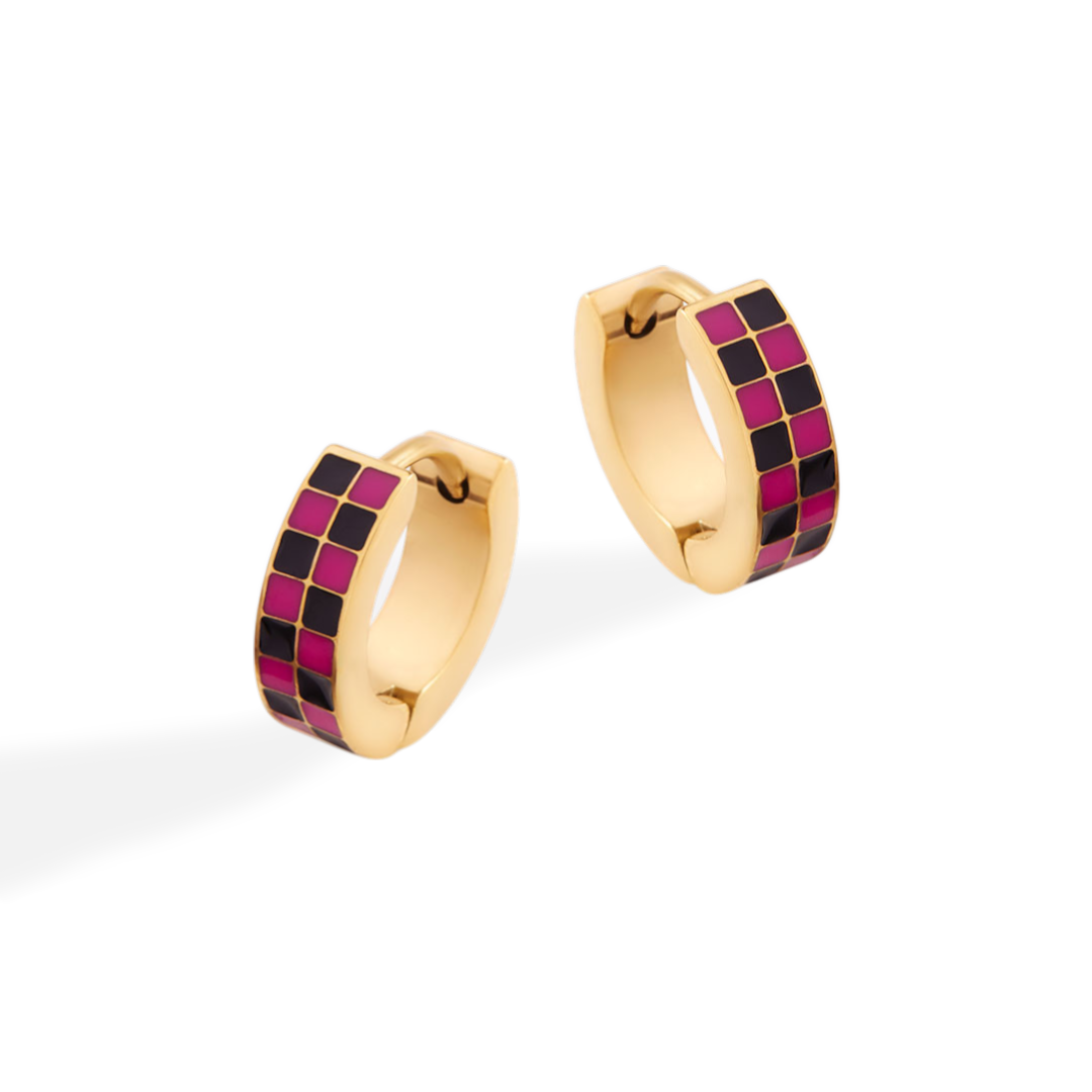 Checkered Hoop Earrings in gold, Black & Pink by Seeyoura
