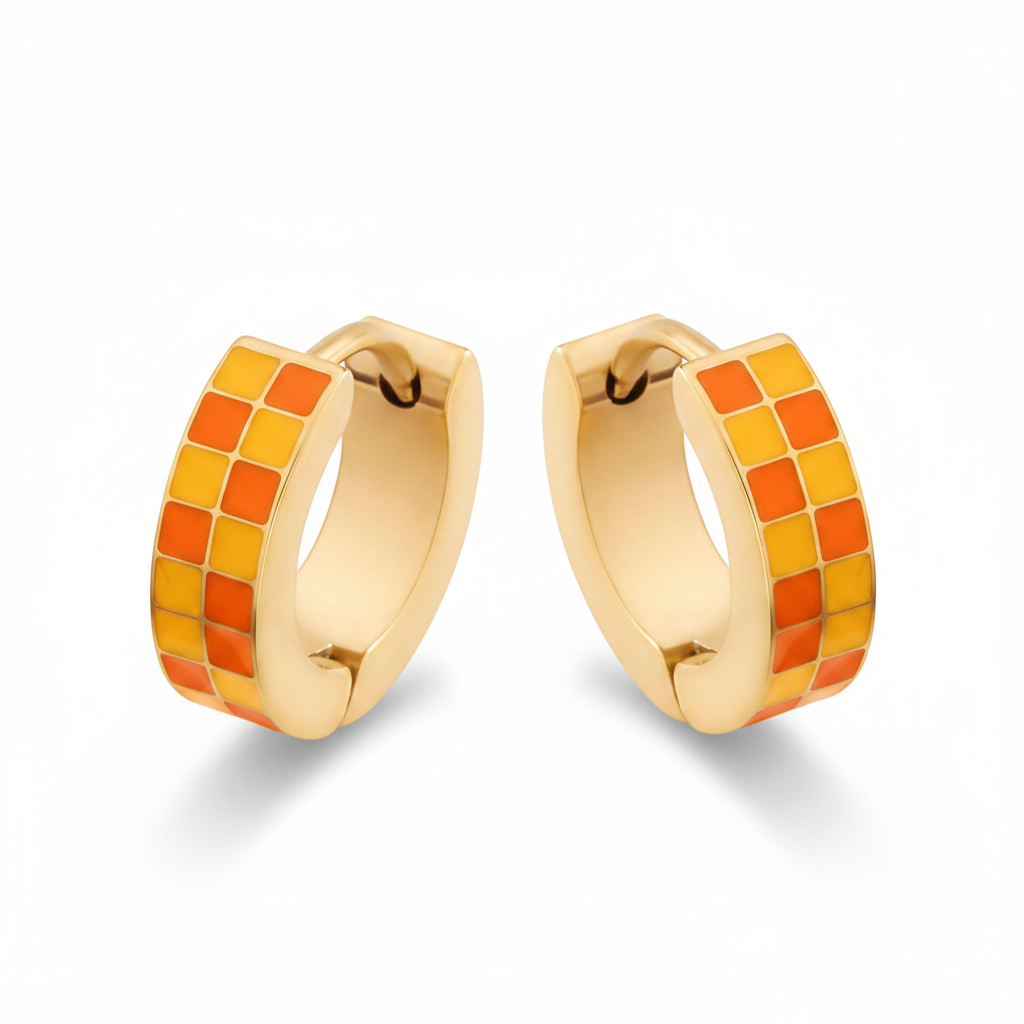 Checkered Hoop Earrings in gold, Orange & Yellow by Seeyoura