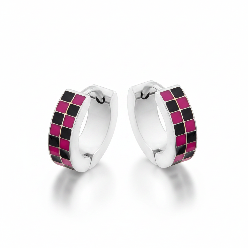 Checkered Hoop Earrings in silver, Black & Pink by Seeyoura