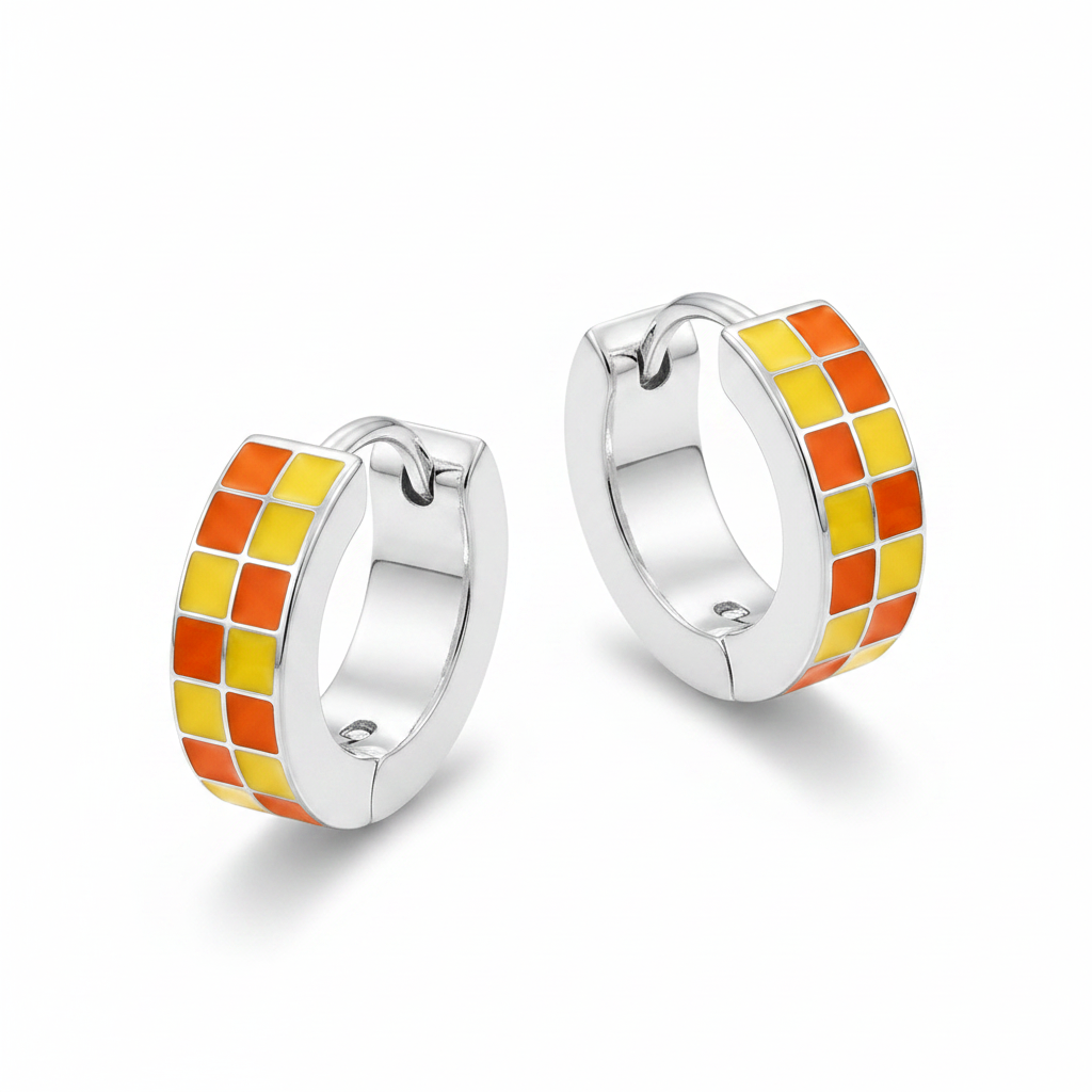 Checkered Hoop Earrings in silver, Orange & Yellow by Seeyoura