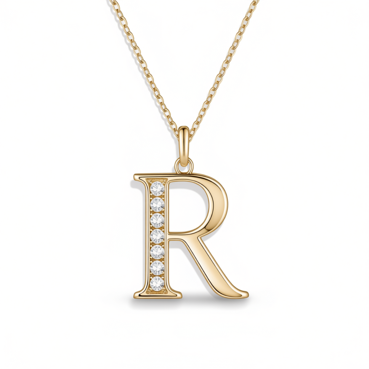 Crystal Accent Letter Satellite Necklace in gold, R by Seeyoura