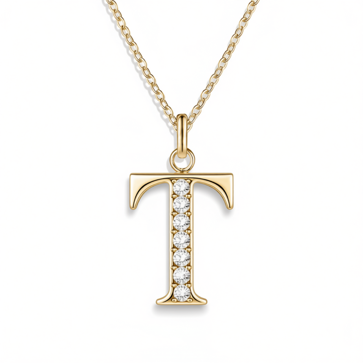 Crystal Accent Letter Satellite Necklace in gold, T by Seeyoura