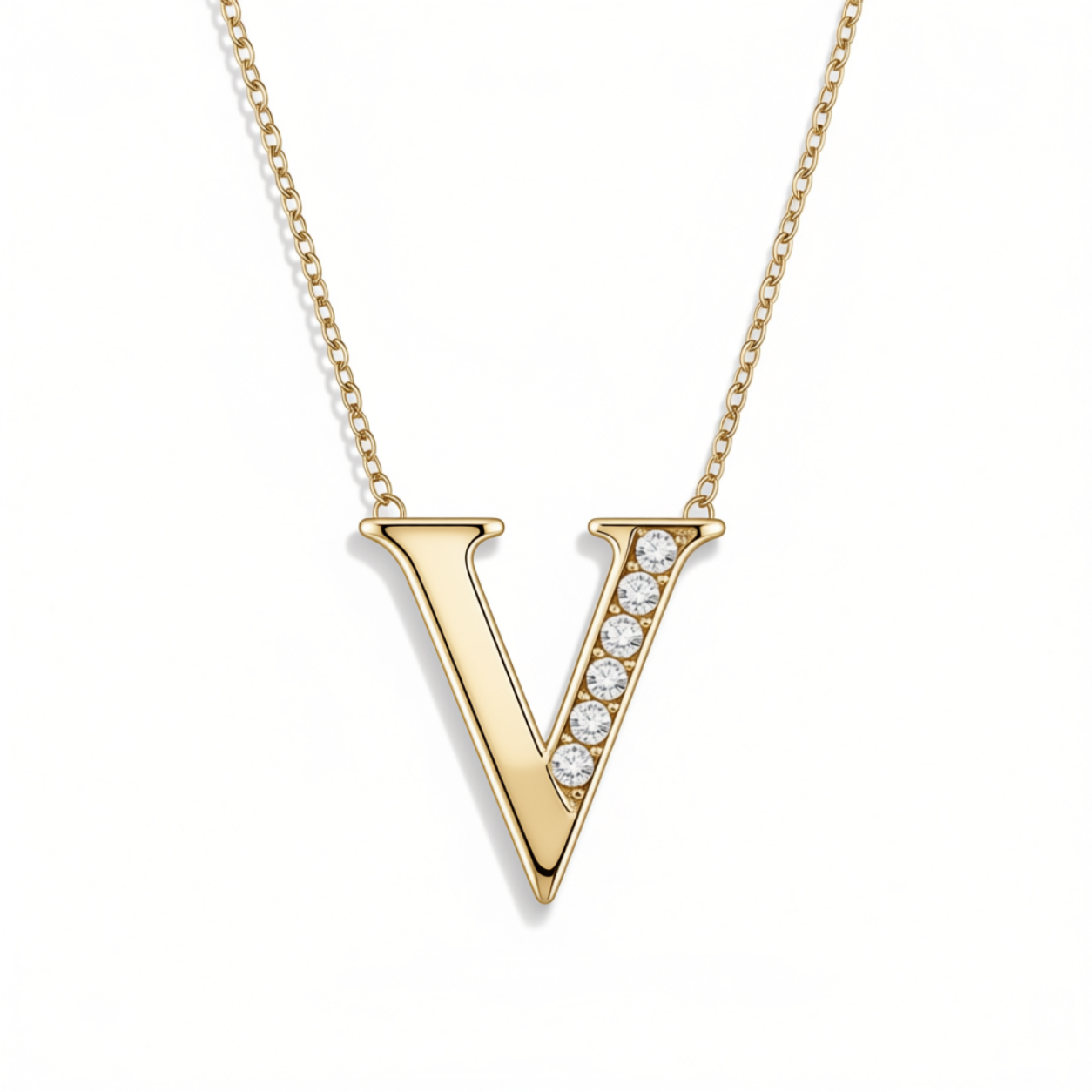 Crystal Accent Letter Satellite Necklace in gold, V by Seeyoura