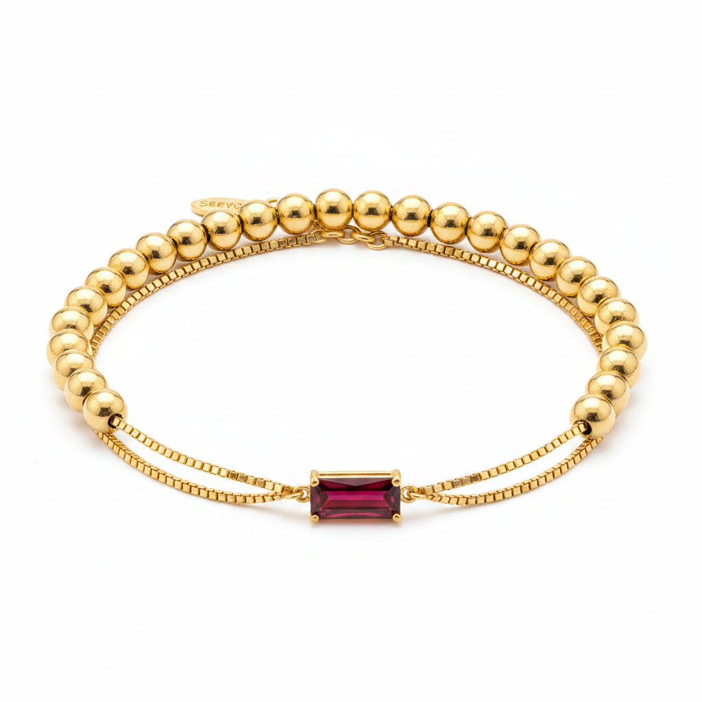 Dainty Baguette Birthstone Bracelet and Beaded Stacking Bracelet Set in 1 by Seeyoura