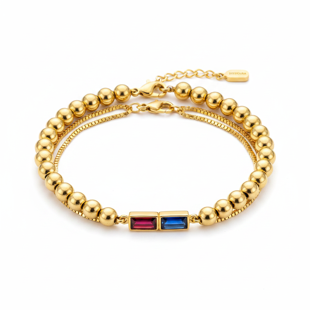Dainty Baguette Birthstone Bracelet and Beaded Stacking Bracelet Set in 2 by Seeyoura