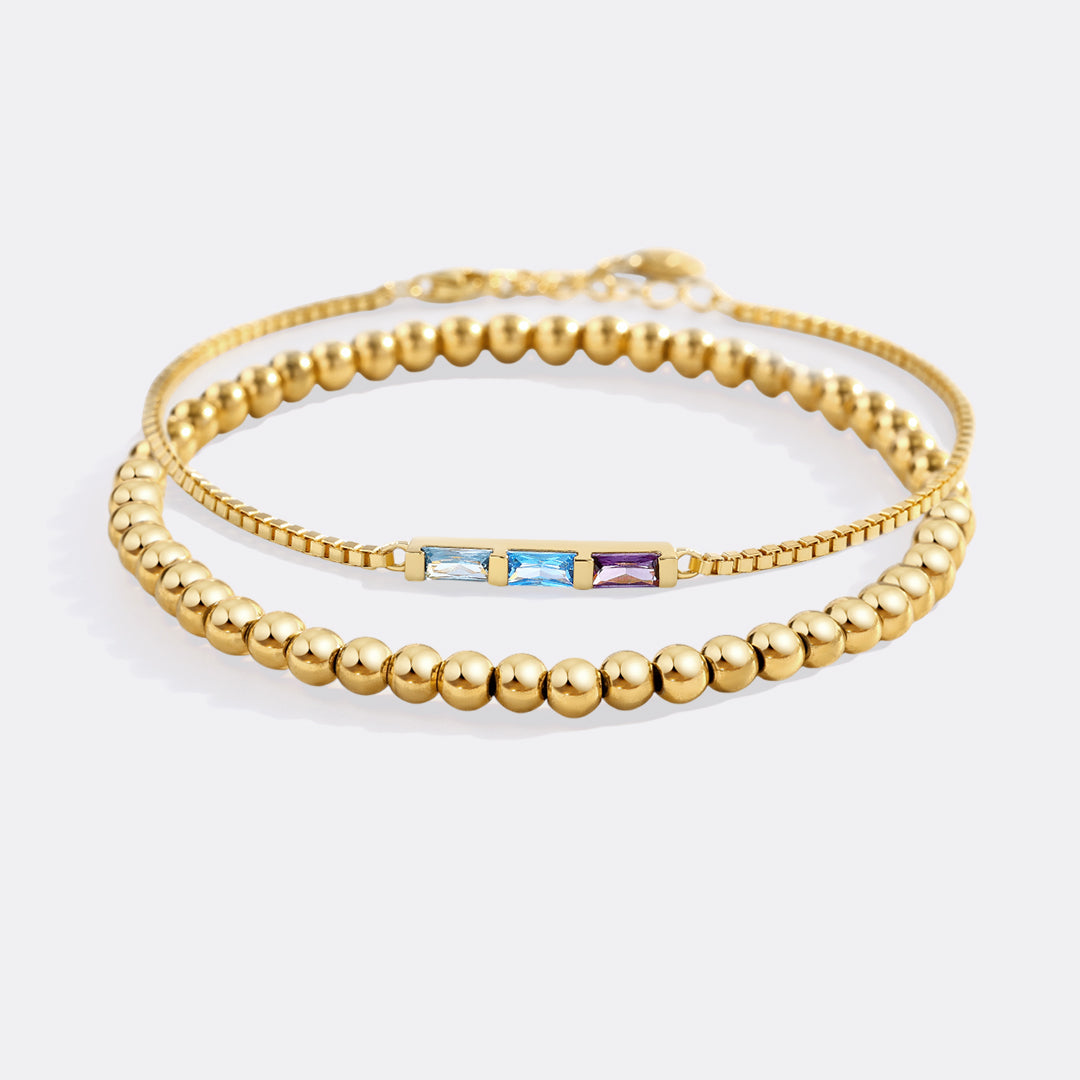 Dainty Baguette Birthstone Bracelet and Beaded Stacking Bracelet Set in 3 by Seeyoura