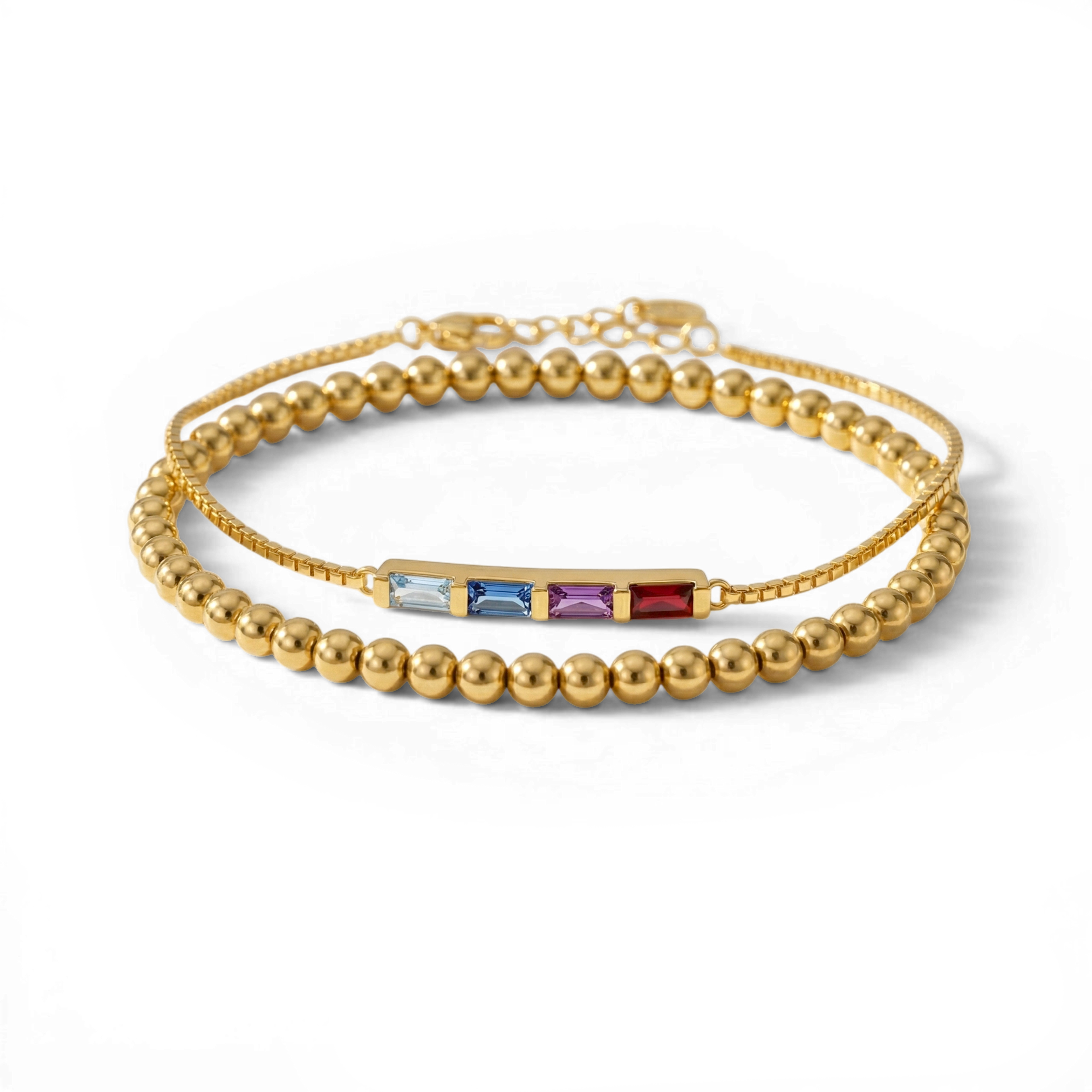 Dainty Baguette Birthstone Bracelet and Beaded Stacking Bracelet Set in 4 by Seeyoura