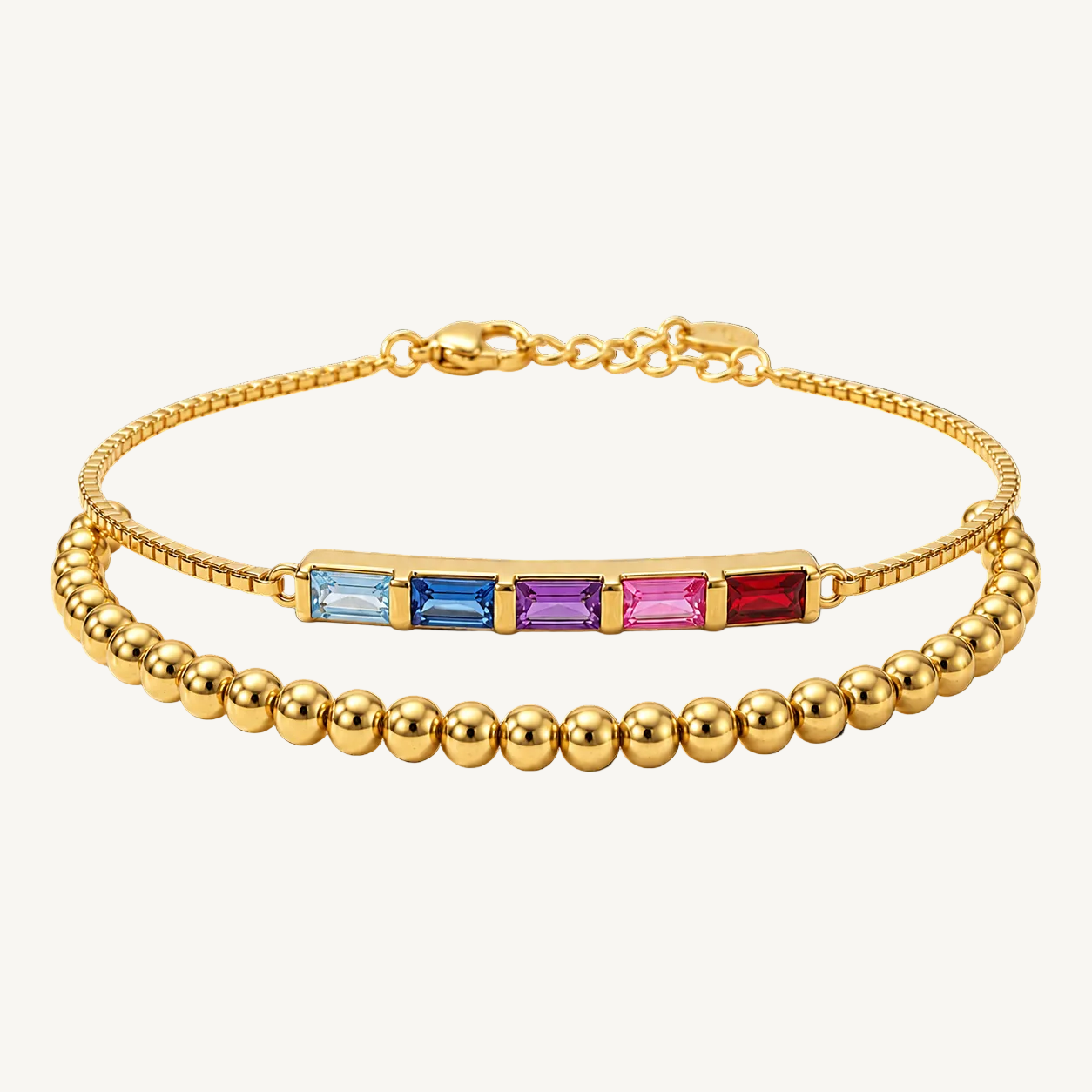 Dainty Baguette Birthstone Bracelet and Beaded Stacking Bracelet Set in 5 by Seeyoura