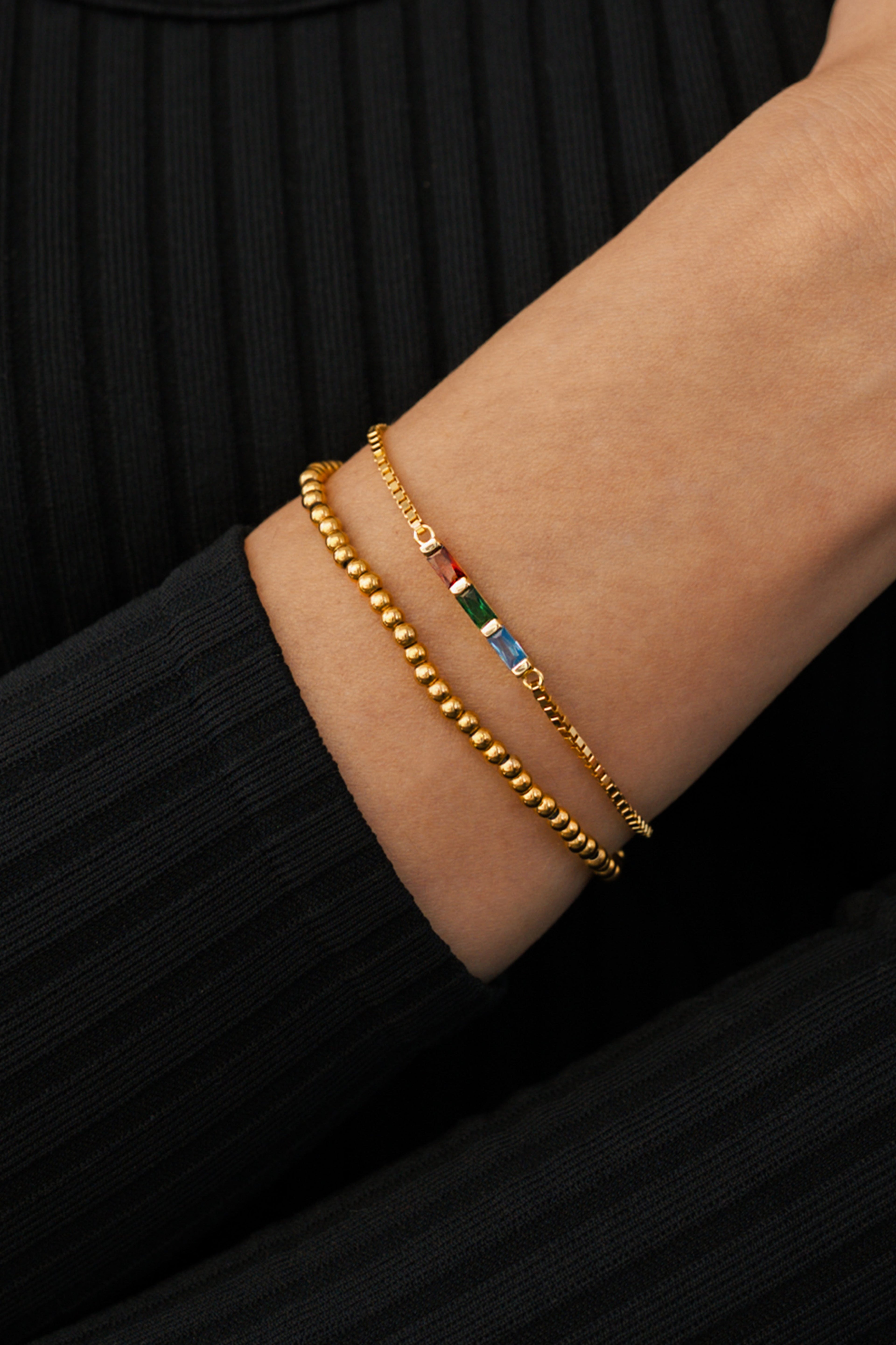 Dainty Baguette Birthstone Bracelet and Beaded Stacking Bracelet Set by Seeyoura