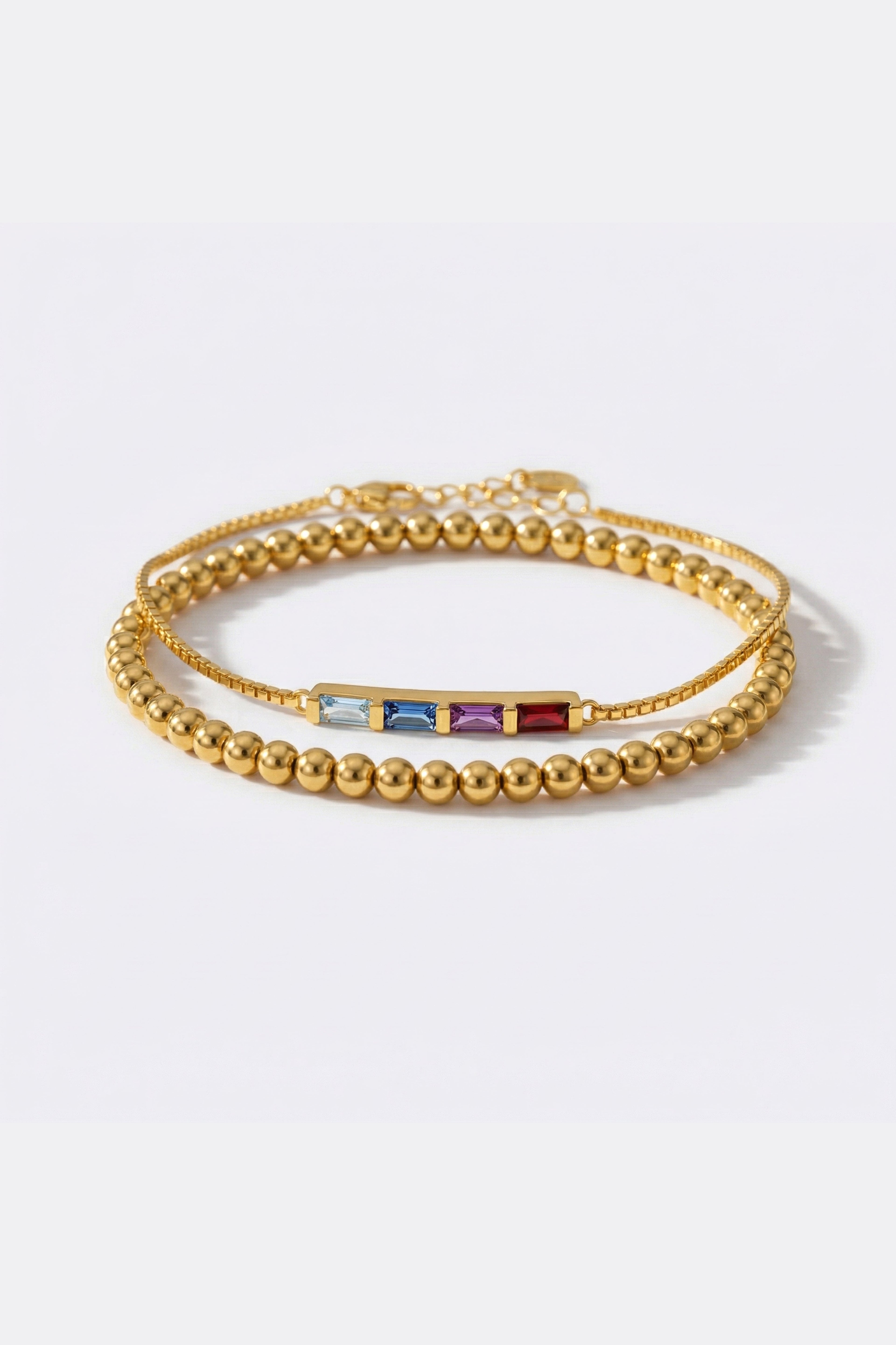 Dainty Baguette Birthstone Bracelet and Beaded Stacking Bracelet Set by Seeyoura