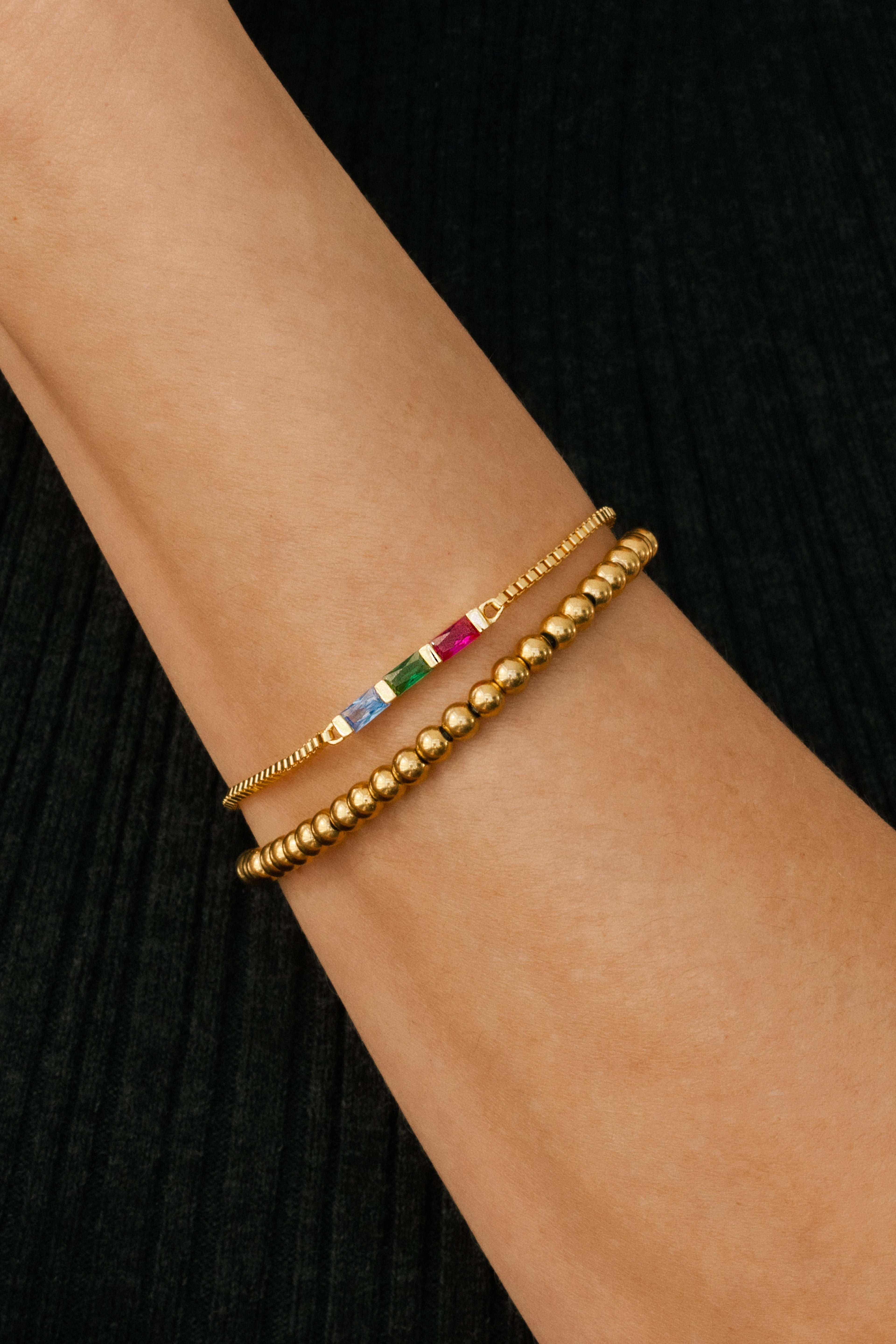 Dainty Baguette Birthstone Bracelet and Beaded Stacking Bracelet Set by Seeyoura