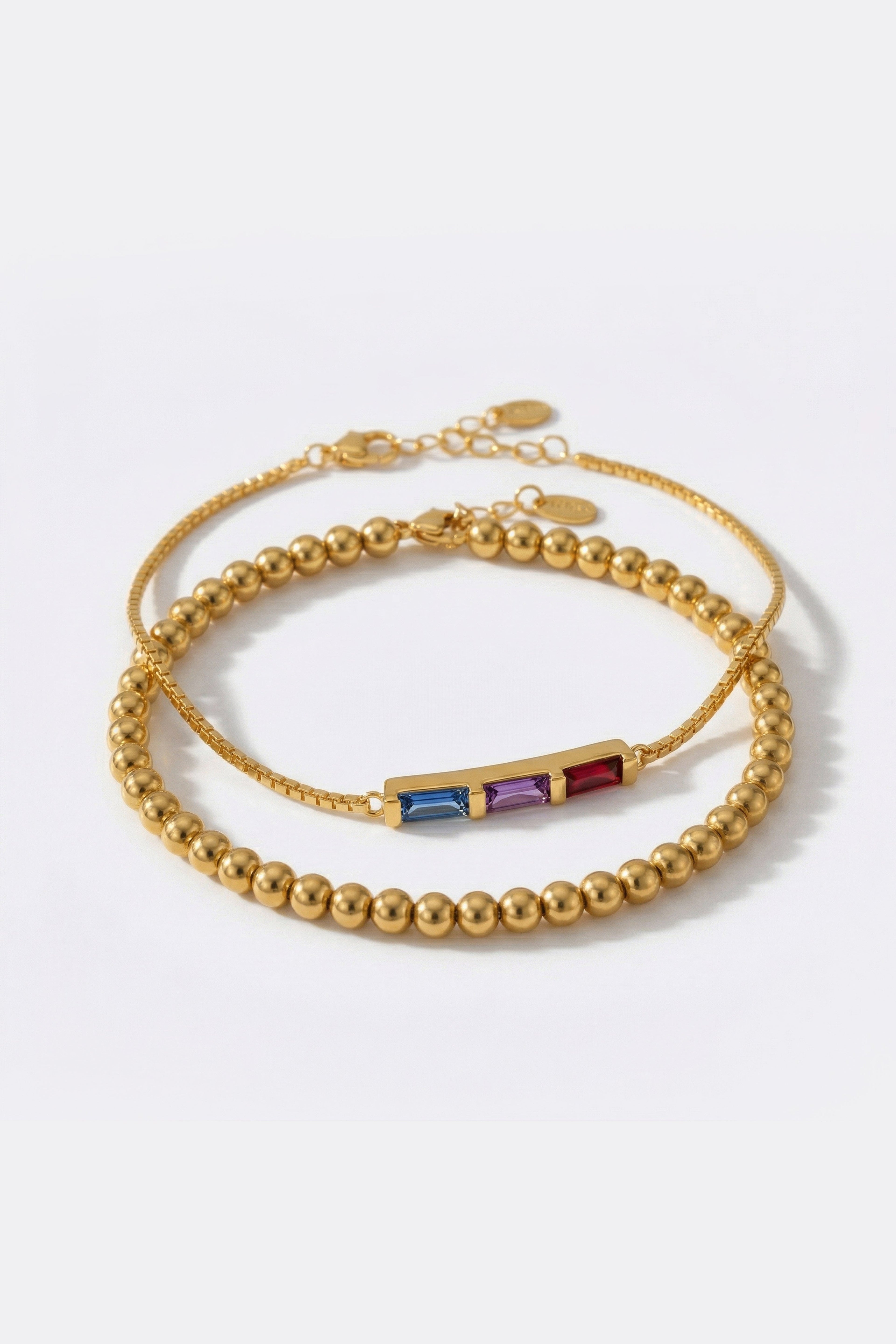Dainty Baguette Birthstone Bracelet and Beaded Stacking Bracelet Set by Seeyoura