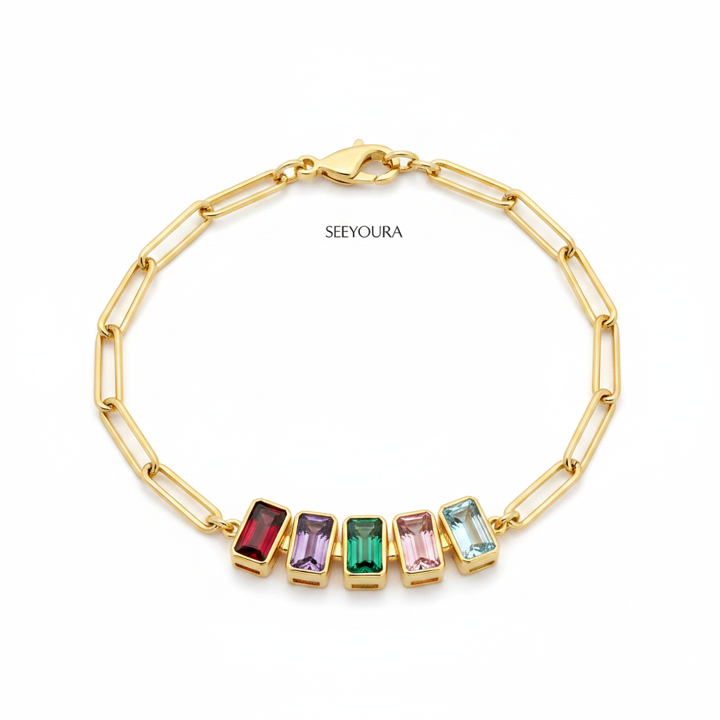 Dainty Birthstone Baguette Paperclip Bracelet in gold, 5 by Seeyoura
