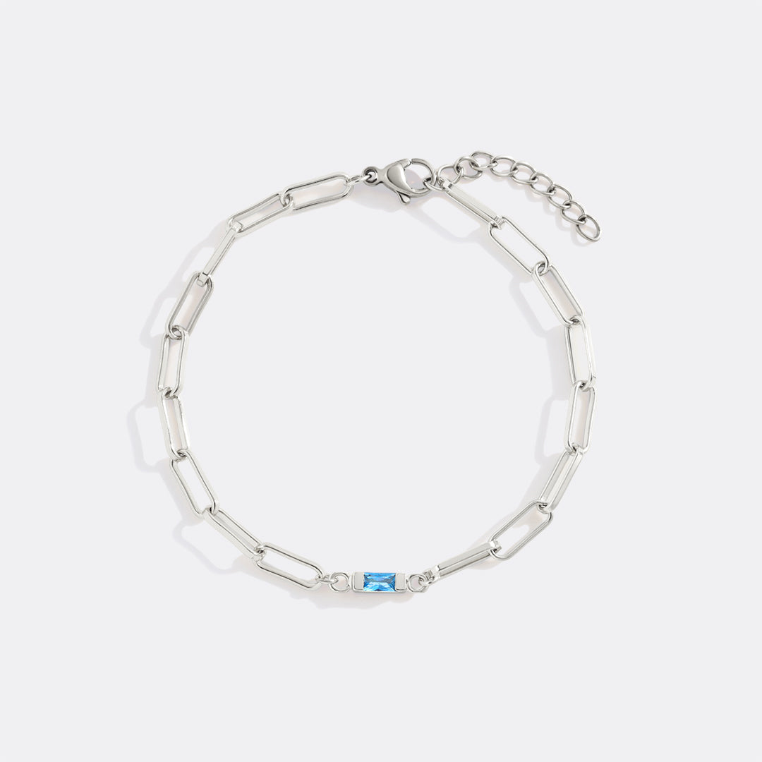 Dainty Birthstone Baguette Paperclip Bracelet in silver, 1 by Seeyoura