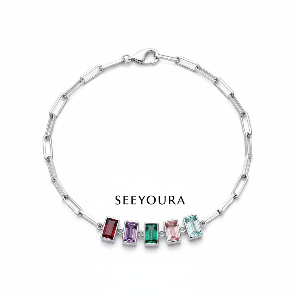 Dainty Birthstone Baguette Paperclip Bracelet in silver, 5 by Seeyoura