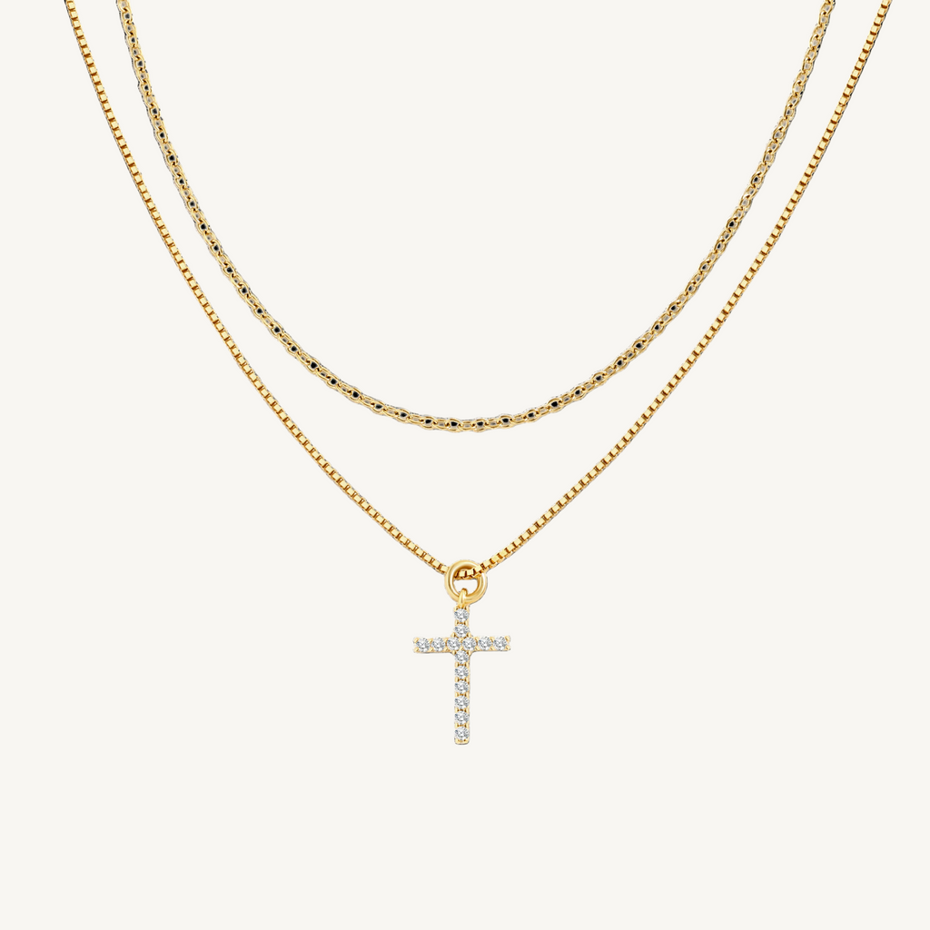 Dainty Cable Necklace with Pave Cross Chain Necklace Stacking Set in gold by Seeyoura