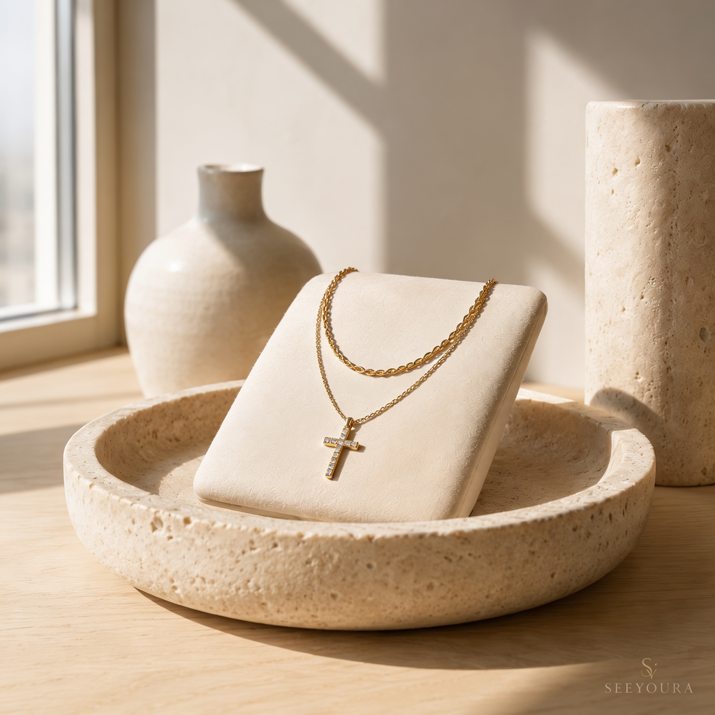 Dainty Cable Necklace with Pave Cross Chain Necklace Stacking Set by Seeyoura