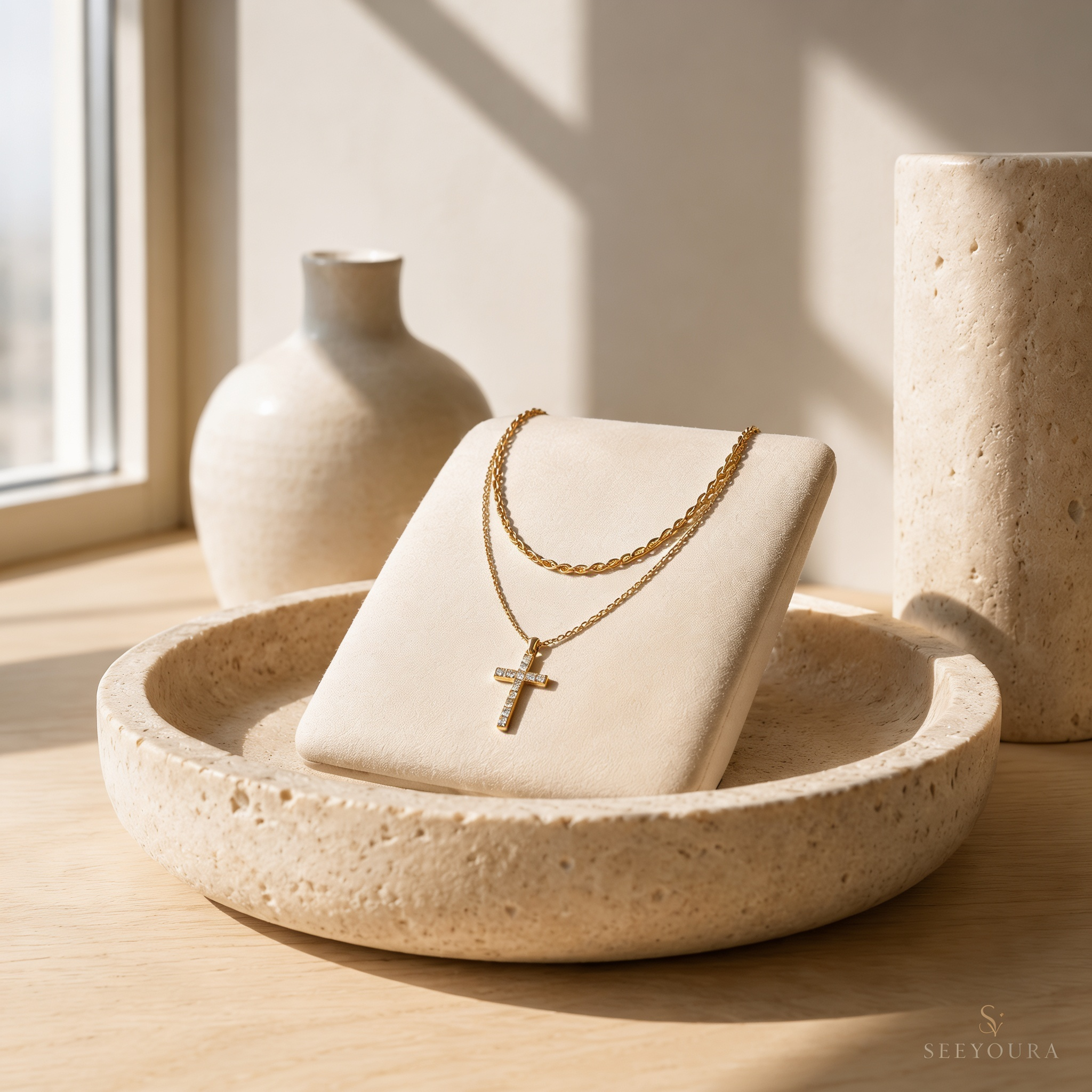 Dainty Cable Necklace with Pave Cross Chain Necklace Stacking Set by Seeyoura