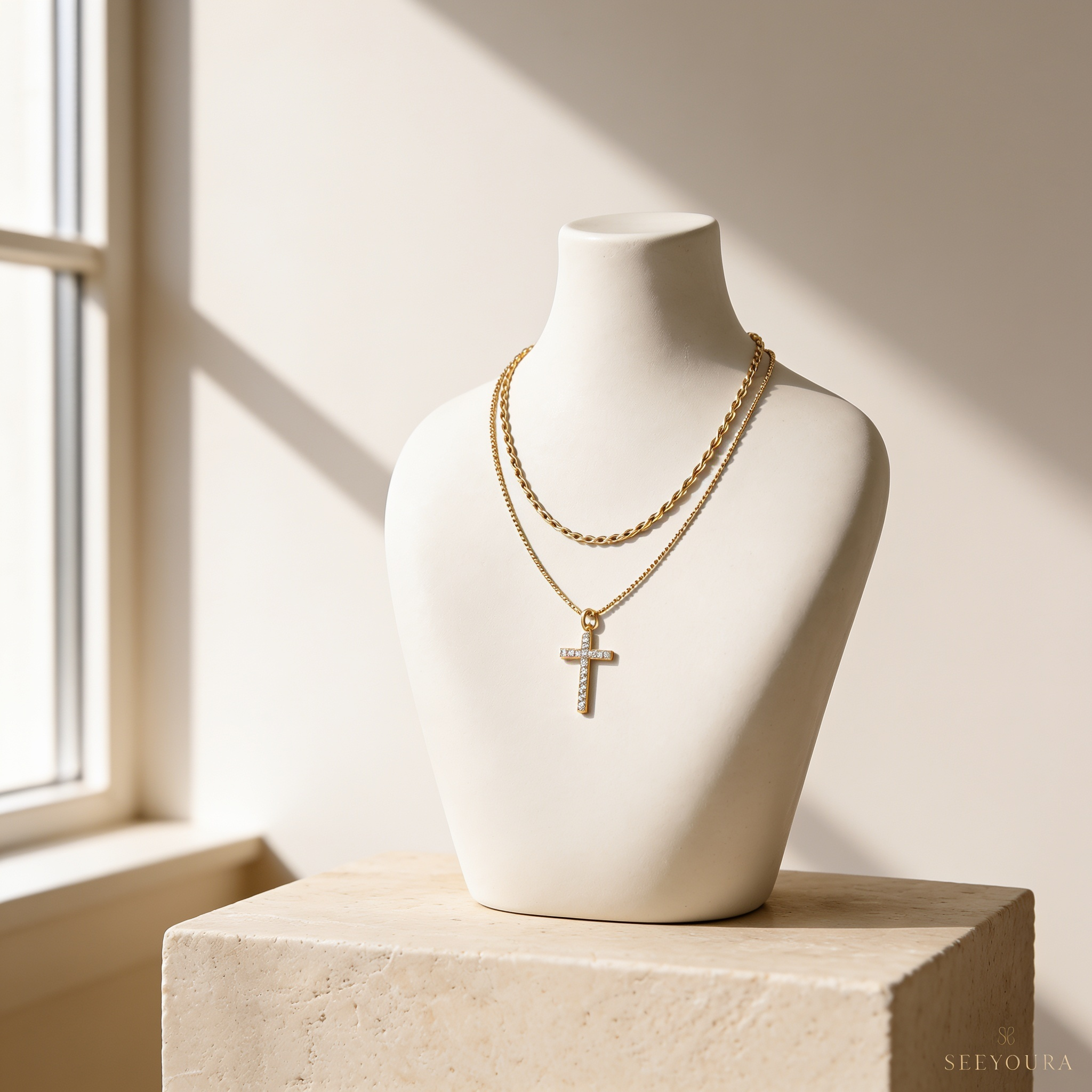 Dainty Cable Necklace with Pave Cross Chain Necklace Stacking Set by Seeyoura
