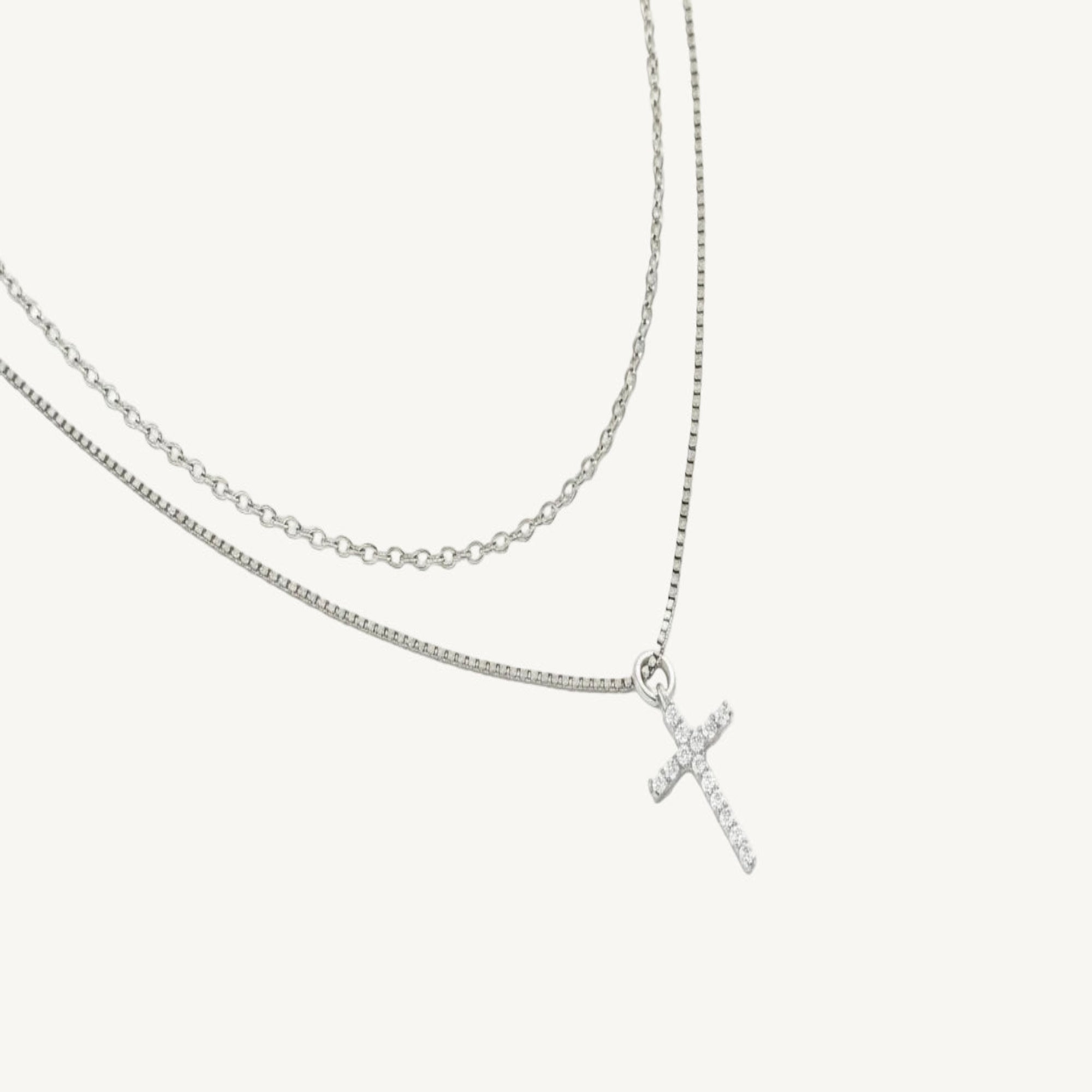 Dainty Cable Necklace with Pave Cross Chain Necklace Stacking Set in silver by Seeyoura