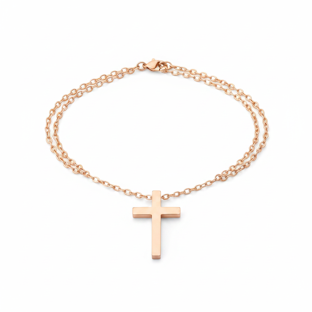 Dainty Cross Pendant in 18-k-rose-gold-plated by Seeyoura
