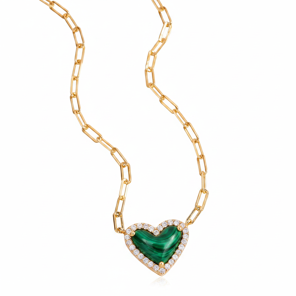 Dainty Heart Paperclip Necklace in malachite by Seeyoura