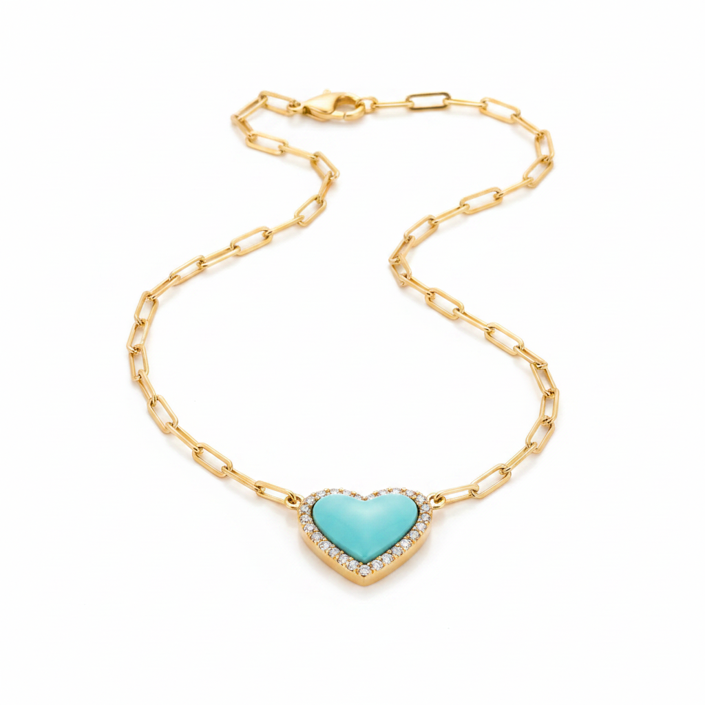 Dainty Heart Paperclip Necklace in turquoise by Seeyoura