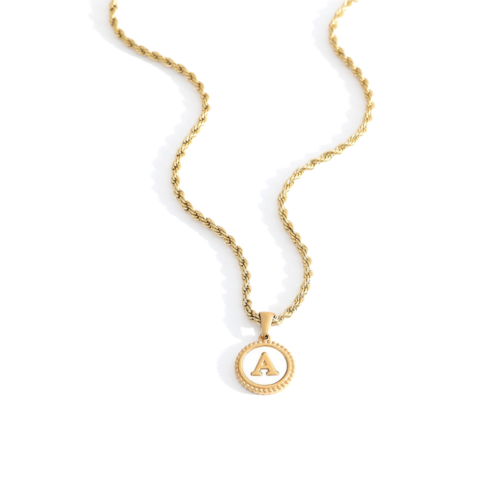 Mother of Pearl Disc Letter Necklace with Rope Chain by Seeyoura